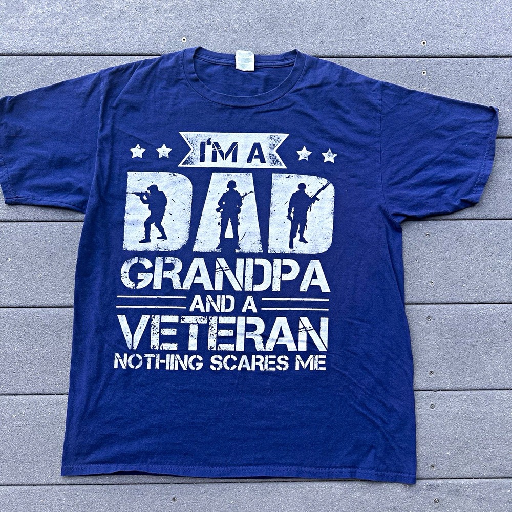 Port & Company Ring Spun Mens L Blue Graphic Tee Grandpa Veteran Crew Cotton